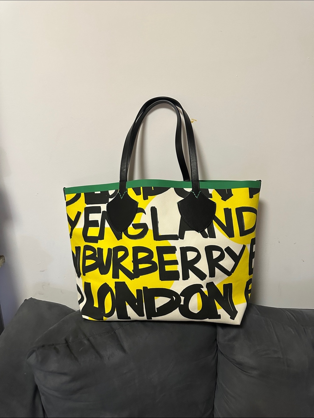 Burberry Yellow Black Cream Tote with Green Trim. PREOWNED. Like new.